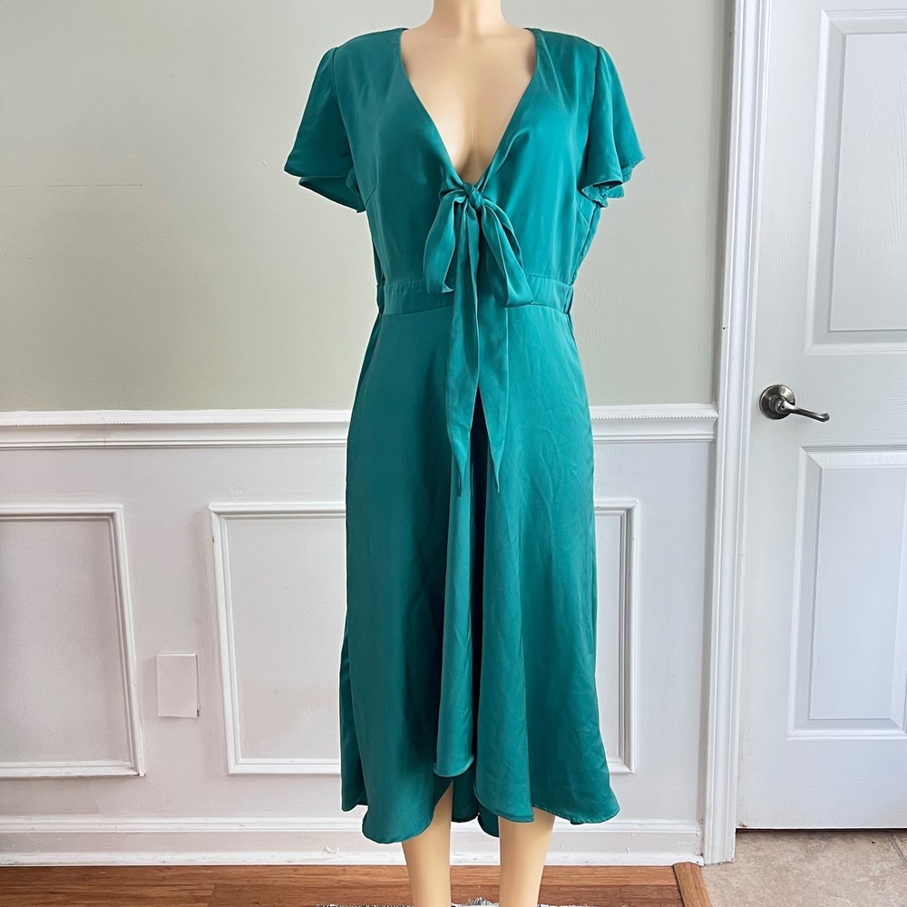 USO Pinup Dress L Emerald Green Flutter Sleeve Swing Hi Low Tie‎ Front M